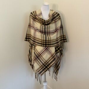 Woolrich Cream, Tan and Burgundy Plaid Scarf Wrap
